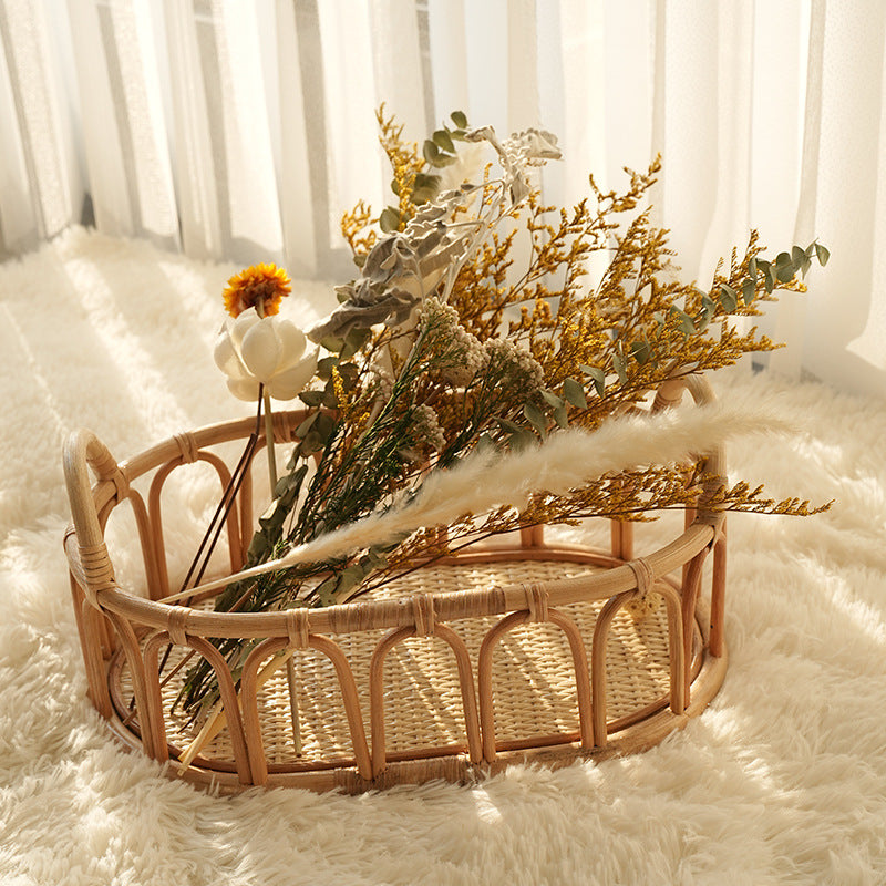 Woven Rattan-Style Storage Basket with Handles for Shelf & Countertop