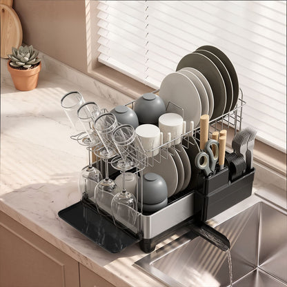 Large-Capacity Dish Drying Rack with Drainboard, Stemware Holder & Utensil Caddy