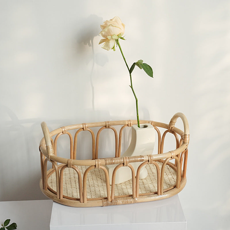 Woven Rattan-Style Storage Basket with Handles for Shelf & Countertop